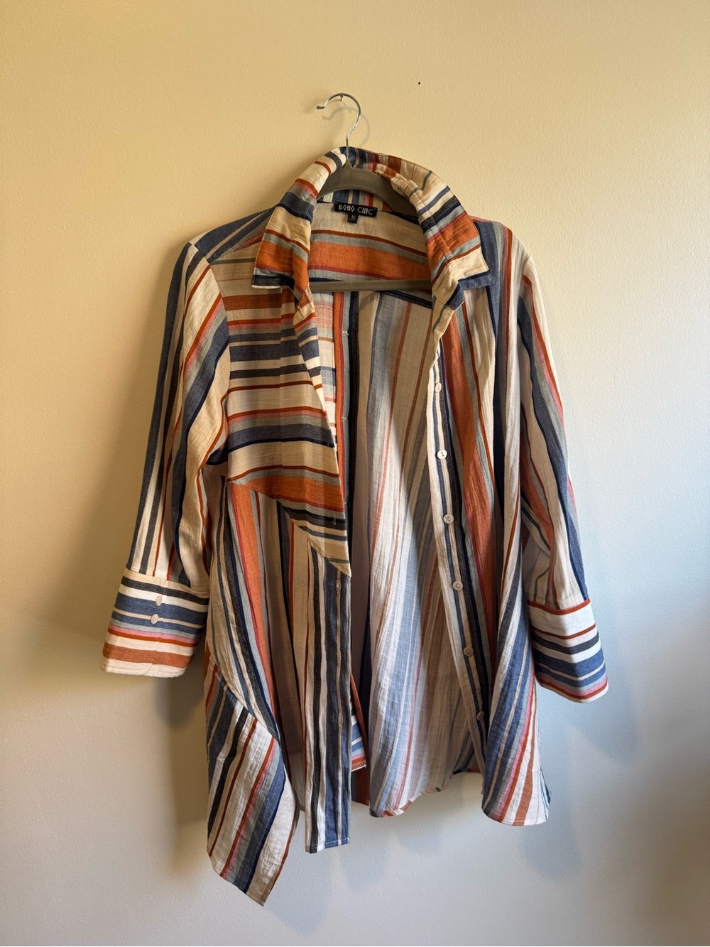 Striped Button-Down Shirt Jacket in Cream, Navy & Rust